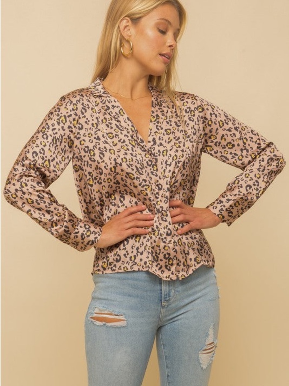 🐆 NEW Hem & Thread Women’s Leopard Print Satin Long Sleeve Blouse - Size L